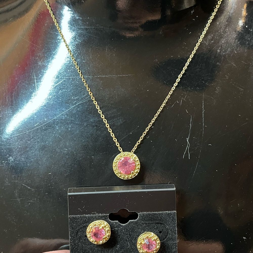 Vintage Avon Pink Crystal Halo Necklace and Earring Set (Signed SH)